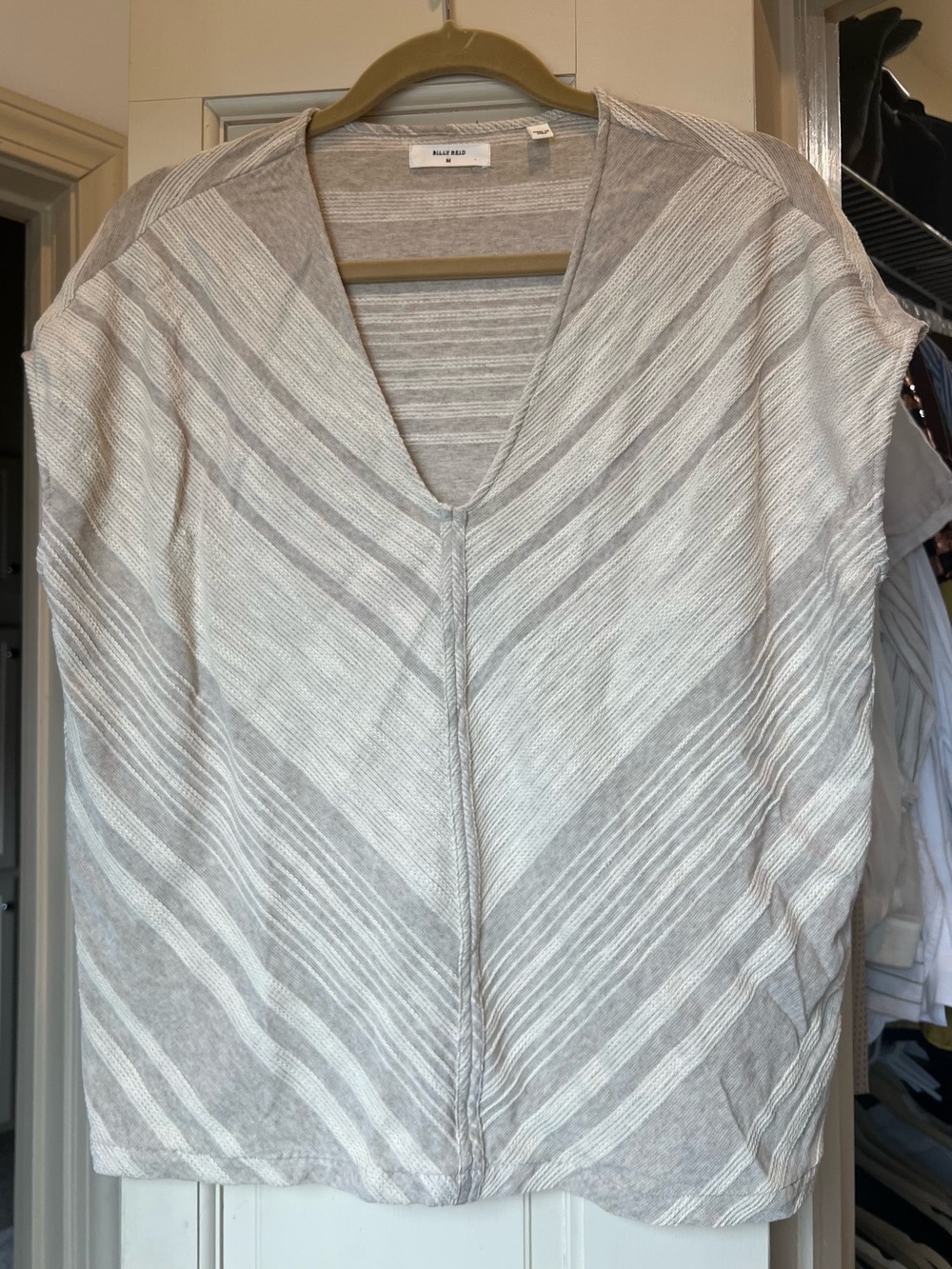 Billy Reid Light Gray & Cream Striped V-Neck Knit Top